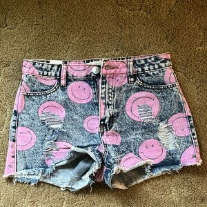 Almost Famous Pink and Blue Jean Shorts with Smiley Pattern